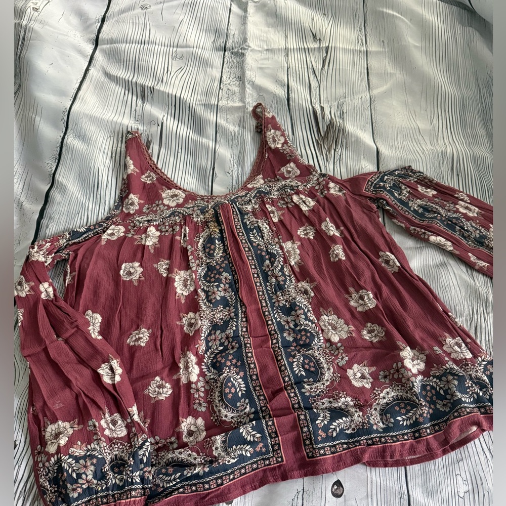 Living Doll Vintage-Inspired Floral Blouse Boho Cold Shoulder Multi Colored